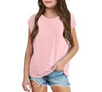 Plain Yellow T Shirt Kids Girls Summer Hooded Original T-Shirt Casual Loose Fit Crewneck Pocket Tees for Beach Vacation School Outing Comfortable Top (5-6 Years)