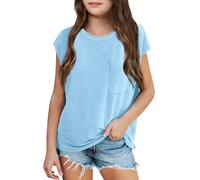 Plain Yellow T Shirt Kids Girls Summer Hooded Original T-Shirt Casual Loose Fit Crewneck Pocket Tees for Beach Vacation School Outing Comfortable Top (Light Blue, 7-8 Years)