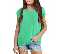 Plain Yellow T Shirt Kids Girls Summer Hooded Original T-Shirt Casual Loose Fit Crewneck Pocket Tees for Beach Vacation School Outing Comfortable Top (Green, 7-8 Years)
