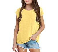 Plain Yellow T Shirt Kids Girls Summer Hooded Original T-Shirt Casual Loose Fit Crewneck Pocket Tees for Beach Vacation School Outing Comfortable Top (Yellow, 3-4 Years)