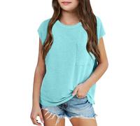 Plain Yellow T Shirt Kids Girls Summer Hooded Original T-Shirt Casual Loose Fit Crewneck Pocket Tees for Beach Vacation School Outing Comfortable Top (Sky Blue, 5-6 Years)
