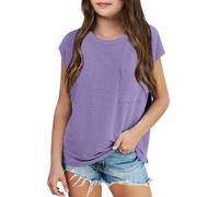 Plain Yellow T Shirt Kids Girls Summer Hooded Original T-Shirt Casual Loose Fit Crewneck Pocket Tees for Beach Vacation School Outing Comfortable Top (Purple, 11-12 Years)