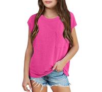 Plain Yellow T Shirt Kids Girls Summer Hooded Original T-Shirt Casual Loose Fit Crewneck Pocket Tees for Beach Vacation School Outing Comfortable Top (7-8 Years)