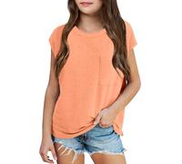 Plain Yellow T Shirt Kids Girls Summer Hooded Original T-Shirt Casual Loose Fit Crewneck Pocket Tees for Beach Vacation School Outing Comfortable Top (Orange, 3-4 Years)