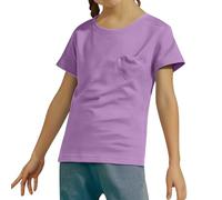 Plain Yellow T Shirt Kids Girls Summer Short Sleeve Blouse Casual Tee Top with Heart Pocket for Daily Wear (Purple, 2-3 Years)