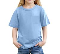 Plain Yellow T Shirt Kids Girls Summer Short Sleeve Pocket Blouse Casual Basic Tee Top for Kids Comfortable Blend Crewneck Original T-Shirt (Blue, 8-9 Years)