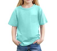 Plain Yellow T Shirt Kids Girls Summer Short Sleeve Pocket Blouse Casual Basic Tee Top for Kids Comfortable Blend Crewneck Original T-Shirt (Sky Blue, 6-7 Years)