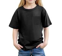 Plain Yellow T Shirt Kids Girls Summer Short Sleeve Pocket Blouse Casual Basic Tee Top for Kids Comfortable Blend Crewneck Original T-Shirt (Black, 3-4 Years)