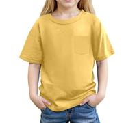 Plain Yellow T Shirt Kids Girls Summer Short Sleeve Pocket Blouse Casual Basic Tee Top for Kids Comfortable Blend Crewneck Original T-Shirt (Yellow, 8-9 Years)