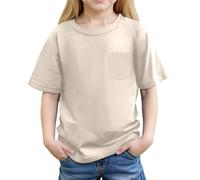 Plain Yellow T Shirt Kids Girls Summer Short Sleeve Pocket Blouse Casual Basic Tee Top for Kids Comfortable Blend Crewneck Original T-Shirt (Beige, 8-9 Years)