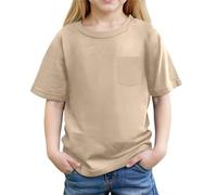 Plain Yellow T Shirt Kids Girls Summer Short Sleeve Pocket Blouse Casual Basic Tee Top for Kids Comfortable Blend Crewneck Original T-Shirt (Khaki, 6-7 Years)