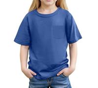 Plain Yellow T Shirt Kids Girls Summer Short Sleeve Pocket Blouse Casual Basic Tee Top for Kids Comfortable Blend Crewneck Original T-Shirt (Dark Blue, 11-12 Years)