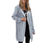 Plain Zip Up Hoodie Women Fleece Longline Hoodie Jacket Lightweight Cotton Long Sleeve Sweatshirts Oversized Fall Winter Zipper Hooded Jackets Casual Loose Hooded Coat With Pockets