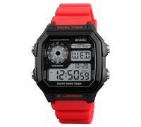 PLALZDS Men's Digital Sport Waterproof Watch with Dual Time, Chronograph, Countdown Alarm and Backlight Model 1299, red