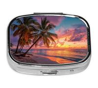 Plam Tree Sunset Pill Box 2-Compartment Small Pill Case Square Organizer Case with Mirror Portable Metal Medicine Box Travel Container for Women Men