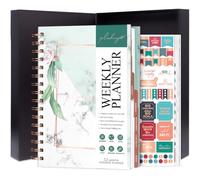 PLANBERRY Weekly Planner - Elegant Life & Budget Planner to Hit Your Goals & Live Happier - Organizer & Productivity Journal - 17.5 x 21.5cm Hardcover, Undated + Stickers (Natural Green)