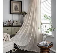 Plancholo Boho Crochet Curtain Bohemian Hollow Knitted Lace Semi Sheer Curtain with Handmade Tassels Vintage Rod Pocket Drape for Living Room Bedroom (Beige, 1 Panel, 59" W x 87" L)