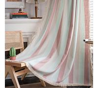 Plancholo Boho Curtain 84 Inches Long for Bedroom Living Room Striped Cotton Linen Semi Blackout Farmhouse Window Curtain Panel Bohemian Tassel Rod Pocket Drape (1 Panel, 52" W x 84" L, Pink)