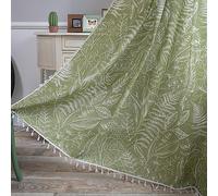 Plancholo Boho Curtain for Bedroom 63 Inches Length Printed Cotton Linen Semi Sheer Drape Rod Pocket Rustic Farmhouse Bohemian Tassels Window Treatment (1 Panel, 59" W x 63" L, Green Leaves)