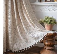 Plancholo Boho Floral Curtain 63 Inches Long Crochet Lace Patchwork Drape Semi-Sheer Bohemian Tassel Rod Pocket Window Curtain Panel for Living Room Bedroom (Beige, 59" W x 63" L, 1 Panel)