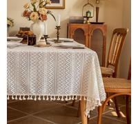 Plancholo Lace Embroidered Rectangle Tablecloth Boho Stripe Geometric Table Cloth Dust-Proof Table Cover with Tassels for Kitchen and Dining Room (Beige, 55"x71")