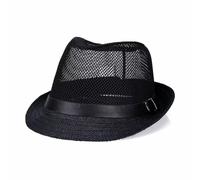 Plancholo Panama Trilby Fedora Short Brim Summer Mesh Beach Hat Straw Sun Hat with Leather Belt for Men Women Black