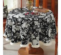 Plancholo Round Tassel Tablecloth Vintage Floral Pattern Boho Jacquard Table Cloth Dust-Proof Washable Table Cover for Kitchen Dining (Black, 47 Inch)