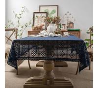 Plancholo Vintage Handmade Crochet Diamond Tablecloth Decorative Macrame Lace Table Cover for Kitchen Dinning Tabletop Decoration (Dark Blue, Rectangle/Oblong, 55x87 Inch)