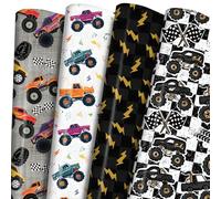 PlandRichW Monster Truck Wrapping Paper - 12 Sheets, 4 Action Designs Checkered Flags, Lightning, Folded 20" x 29" for Kids Birthday, Truck Party, Baby Shower