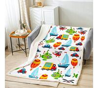 Plane and Car Bed Blanket Kids Girls Transportation Vehicle Sherpa Blanket Soft Cozy Lightweight Ship and Truck Plush Fleece Hot Air Balloon Blanket Gifts for Bed Chair Office Sofa(Throw 50"x60")