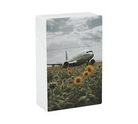 Plane Flies to Sunflower Field Cigarette Case 85mm King Size, Crushproof Plastic Cigarette Box Holder for Men Women Cigar Protective Cover Waterproof Cigarettes Holder 20 Capacity
