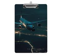 Plane Flying at Night Clipboard, A4 Acrylic Clipboard with Hanging Hole, Ultra-Light Clip Board - Holds 100 Sheets, Shatterproof Document Holder for Office, 12.5" X 8.5"