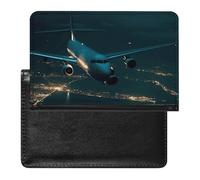 Plane Flying at Night Passport Holder with 3 Card Slots, Portable PU Leather Travel Wallet, Slim Protective Cover for Passport, ID, Credit Cards