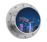 Plane Flying Over The City Mechanical Kitchen Timer 60 Minute Wind Up Countdown Clock with Magnetic Back Loud Alarm Stainless Steel Manual Timer for Cooking Baking Classroom Home Gym