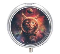 Planet Cat Space Pill Case Box with 3 Compartment Medicine Vitamin Organizer for Purse Pocket 5x5cm