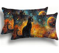 Planet Cushion Covers Set of 2 Corduroy Decorative Square Gatto Nero Pillowcase with Invisible Zip Pillow Covers 25x50cm Linen Square Throw Pillow Case Decorative Cushion for Home Decor Sofa F0A-661