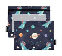 Planet Dino Navy Binder Pencil Pouch with Smooth Zipper, Clear Window Pencil Case for Binder School Office Organizer for Kids Teens Girls Adults Student, 2 Pack