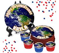 Planet Earth PERSONALISED Edible Cupcake Toppers / 8" Inch Cake Wafer or Icing - Adults & Kids Birthday Party Decorations - Perfect for Brownies, Cookies, Muffins & More!