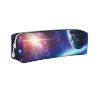 Planet Earth Shines in The Background Pencil Case Portable Cylindrical Pencil Pouch with Zipper Leather Cosmetic Pouch Bag