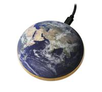 Planet Earth Wireless Phone Charger Wooden Printed Space Gift | 1200dpi print on natural wood | 90mm pad | 10W Qi charging | USB cable included | Made to order in the UK