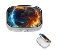 Planet Ice and Fire Pill Box 2 Compartment Square Portable Pill Case for Pocket or Purse Small Weekly Medicine Planner Travel Pillbox with Mirror Decorative Metal Vitamin Holder Gifts