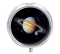 Planet Jupiter Pill Box 3 Compartment Travel Pill Organizer 3 Times A Day Cute Mini Pill Case for Purse & Pocket Portable Metal Medicine Box with Mirror Round Daily Medicine Vitamin Container