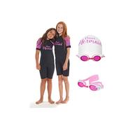 Planet Mermaid Exclusive 3 Piece Kids Girls Shorty Wetsuit Set. Pink Scale Print Sholder Effect. One Piece Swimsuits Neoprene Bathing Suits for Swimming Diving Snorkeling Surfing. Age 12-13 Years