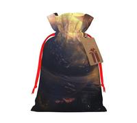 Planet Printed Christmas Drawstring Bags for Christmas Party Xmas Gift Wrapping, Red Ribbon, M
