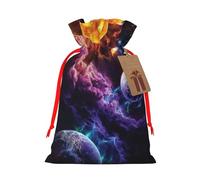Planet Printed Christmas Drawstring Bags with Red Ribbon - Reusable Burlap Drawstring Gift Pouches, M