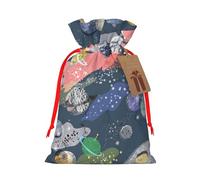 Planet Printed Christmas Drawstring Bags with Red Ribbon - Reusable Burlap Drawstring Gift Pouches, S