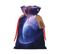 Planet Printed Christmas Drawstring Gift Bags-Xmas Wrapping Bags,Candy Bag,For Holiday Party Decorations,Wedding Party Supplies M Red Ribbon
