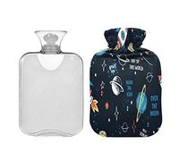 Planet Stars Hot Water Bottle 1L Space Rockets Galaxy Winter Hot Water Bag Warm Water Bottle Soft Plush Cover Hand Feet Warmer for Kids Men Women