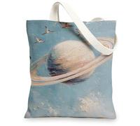 Planetary Canvas Tote Bags, Artistic Celestial Design Lightweight Eco-Friendly Shopping Bags for Travel Beach Gym, Blue, 13x15 Inch