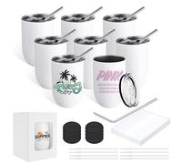 PlanetFlame 8 Pack 12 oz Sublimation Skinny Wine Tumblers Bulk, Double Wall Vacuum Insulated Stainless Steel Mug with Sliding Lid, Stainless Steel Straw and Sublimation Shrink Wrap Sleeve, White